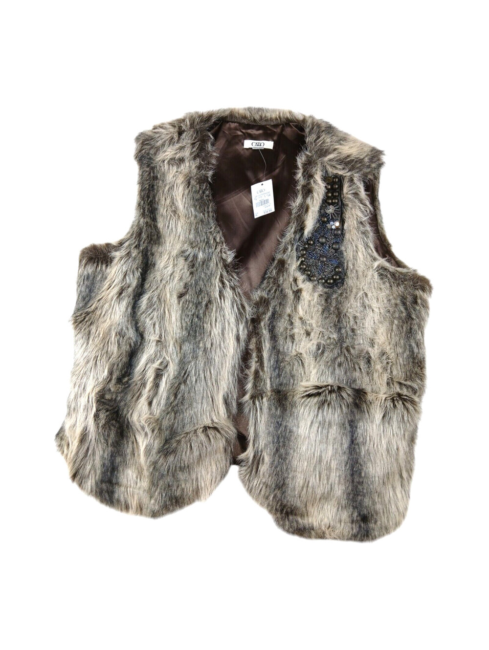 Cato Vest Women’s Faux Fur Lined Sequin Bead Embellished Bling Tan Brown XL NWT